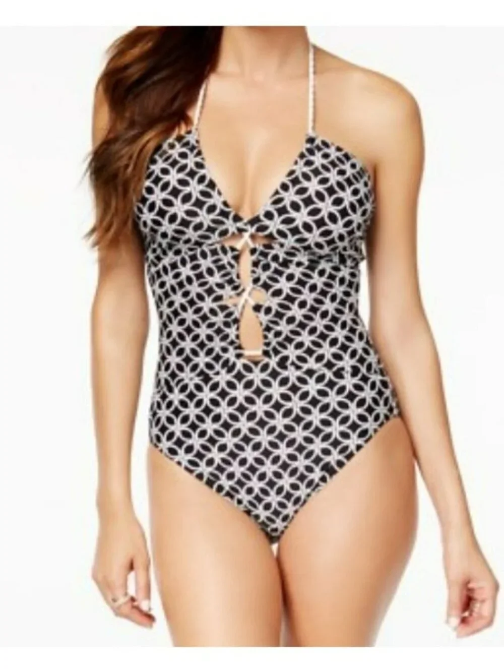 Michael Kors Black & White Rope Print One-Piece Swimsuit Sz 12 Tassel Tie Front